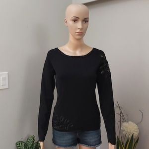 Michelle Nicole sweater top women's black beaded embroidered  scoop neck